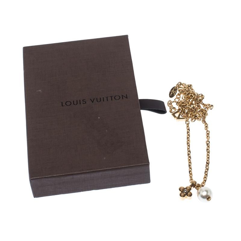 Louis Vuitton Damier Monogram Faux Pearl Gold Tone Chain Link Charm Necklace 2