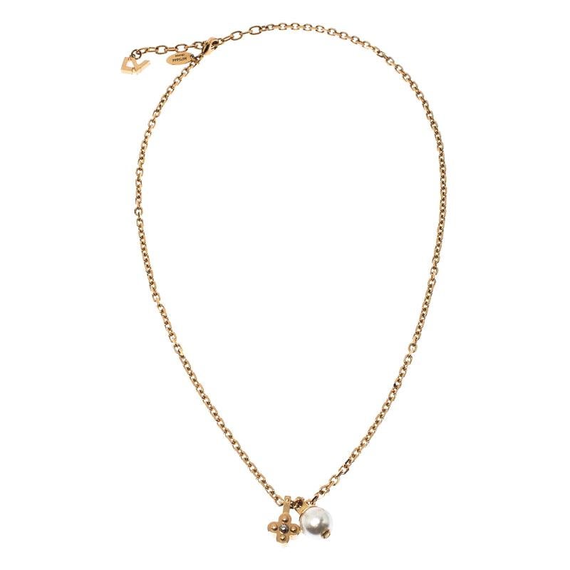 Louis Vuitton Damier Monogram Faux Pearl Gold Tone Chain Link Charm Necklace