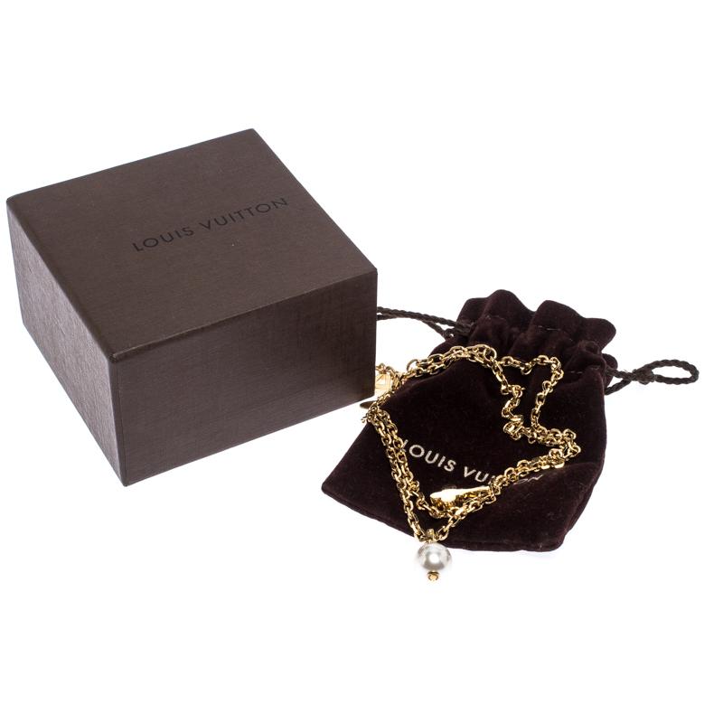 Contemporary Louis Vuitton Damier Monogram Faux Pearl Gold Tone Chain Link Necklace