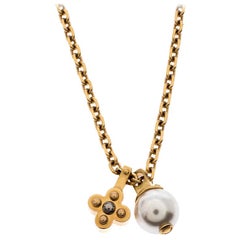 Louis Vuitton Damier Monogram Faux Pearl Gold Tone Chain Link Necklace
