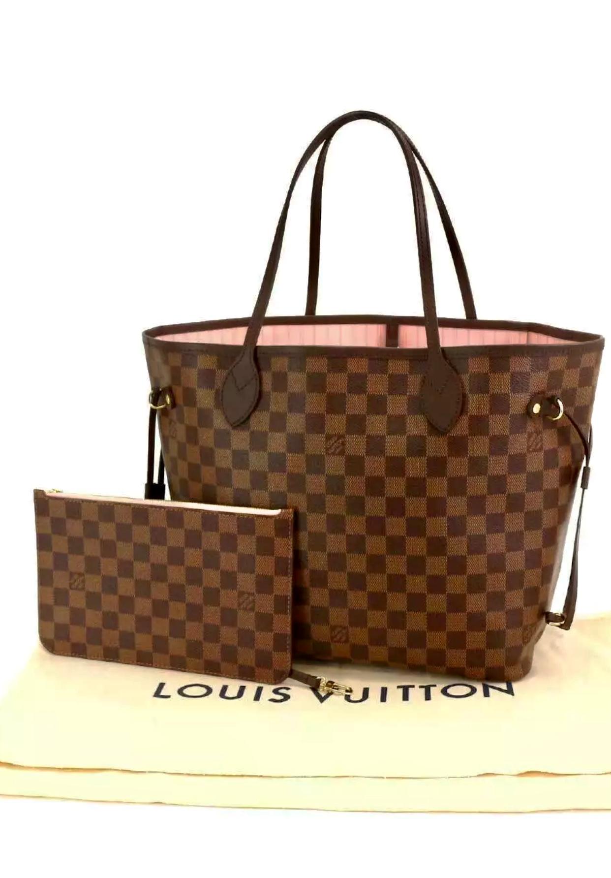 Louis Vuitton Neverfull MM Damier Ebene This is the Louis Vuitton Neverfull MM with the Damier Ebene canvas and Rose Ballerine interior The bag is almost new and has no damage The bag also comes with the pouch and pouch strap and comes with original