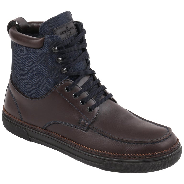 LOUIS VUITTON &quot;Damier&quot; Paneled Navy Brown Canvas and Leather Lace Up Work Boots at 1stdibs
