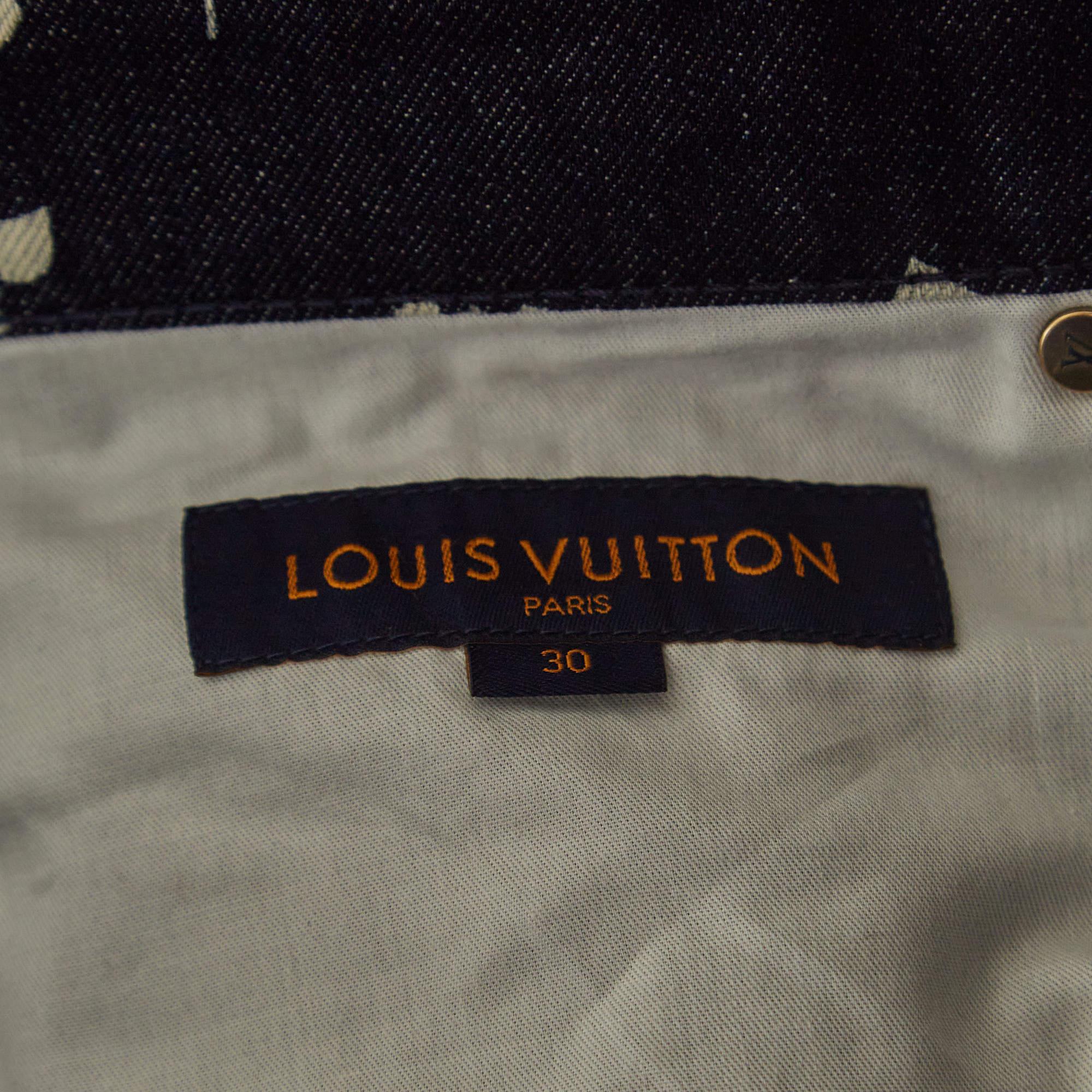 Men's Louis Vuitton Dark Blue Floral print Denim High Rise Straight Leg Jeans M Waist  For Sale