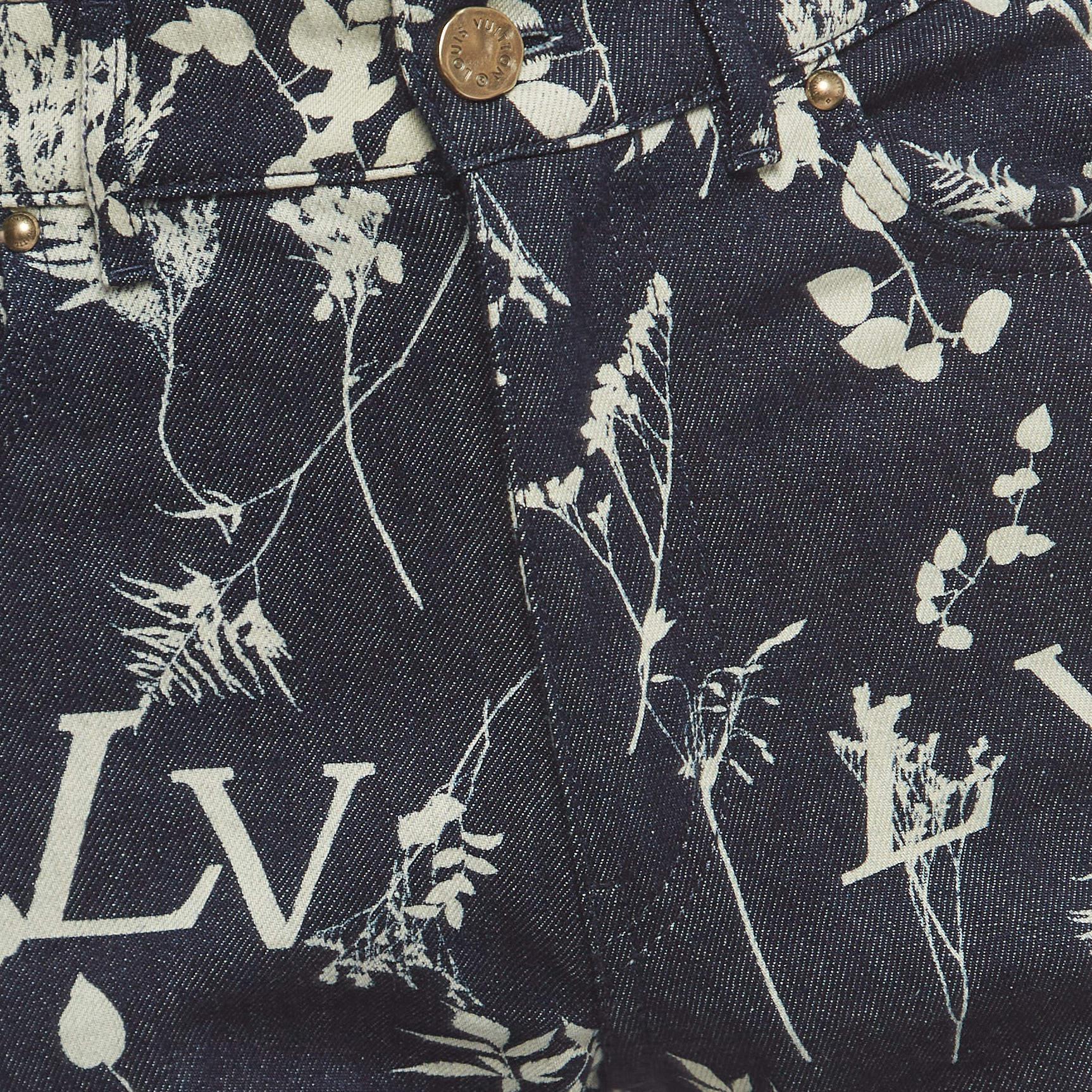 Louis Vuitton Dark Blue Floral print Denim High Rise Straight Leg Jeans M Waist  For Sale 1