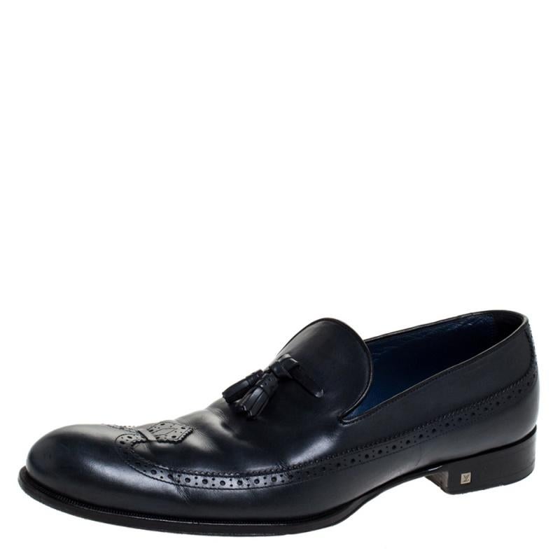 These designer loafers from Louis Vuitton are just what you need to highlight a smart look. These impressive dark blue shoes can add a luxe twist to your entire outfit on any occasion. They are crafted from leather and beautified with brogue