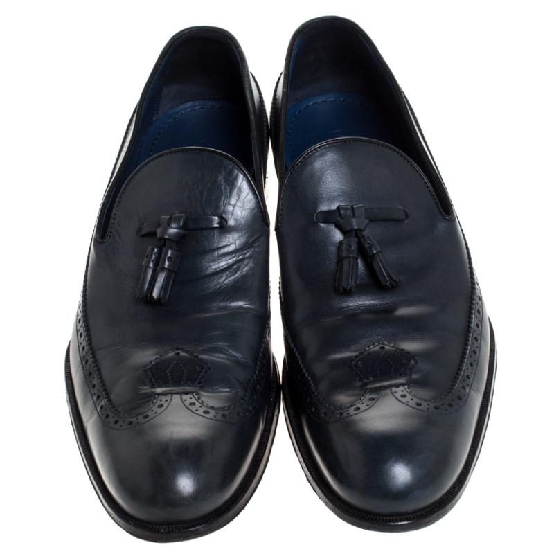 Black Louis Vuitton Dark Blue Leather Tassel And Brogue Detail Loafers Size 42.5