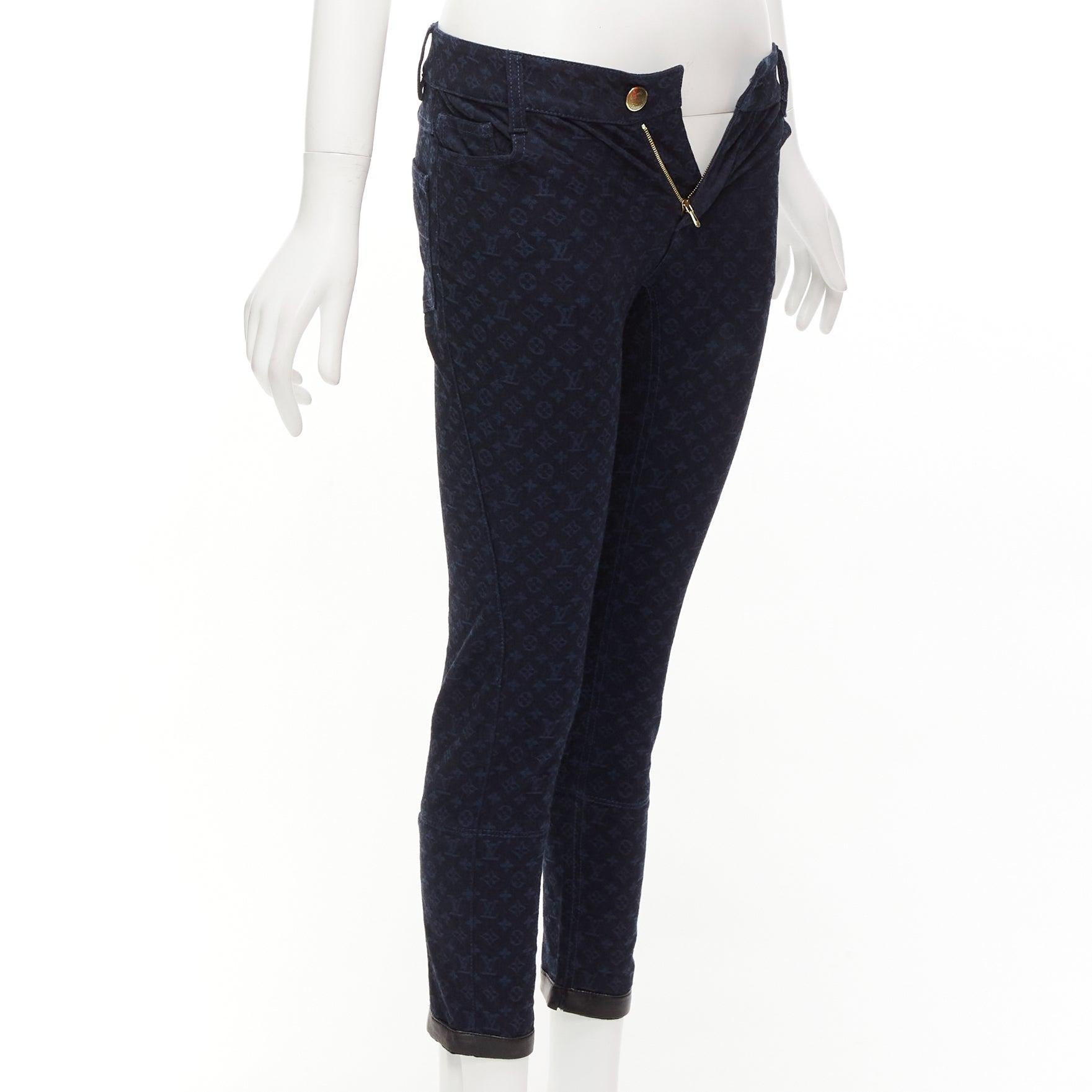 Black LOUIS VUITTON dark blue LV monogram black leather trim skinny jeans FR34 XS For Sale