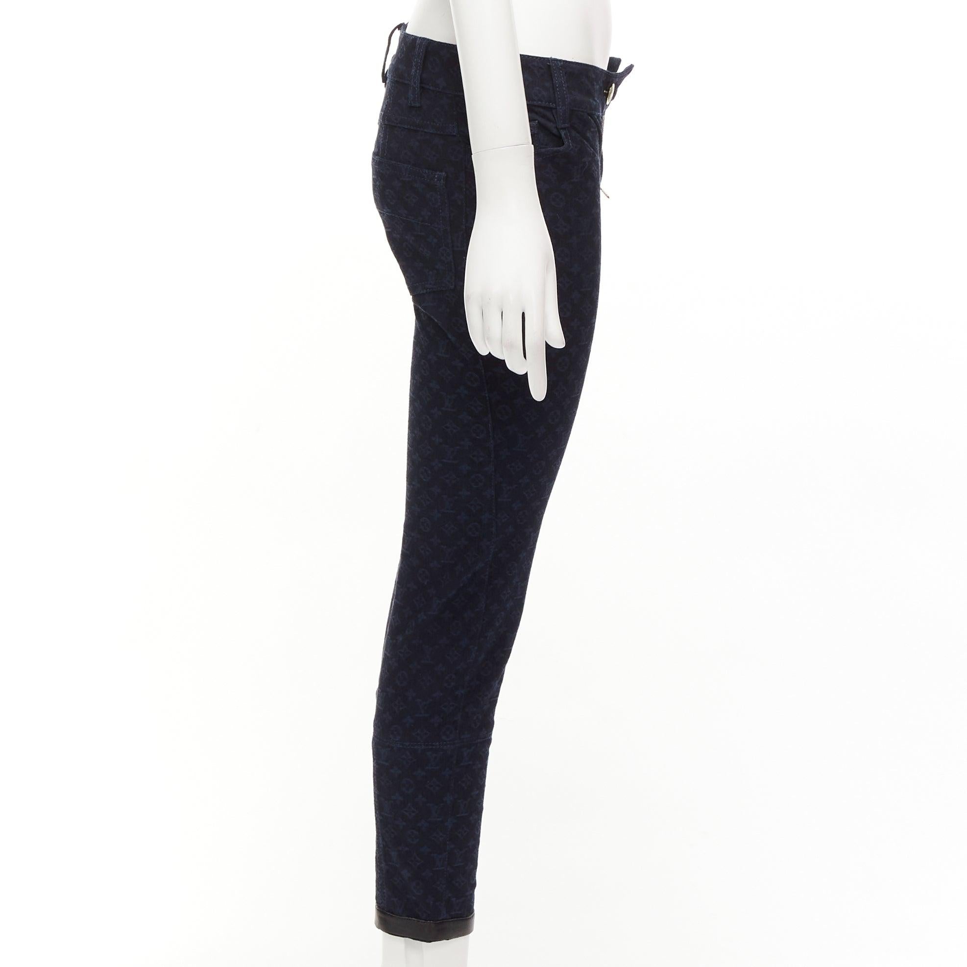 LOUIS VUITTON dark blue LV monogram black leather trim skinny jeans FR34 XS In Good Condition For Sale In Hong Kong, NT