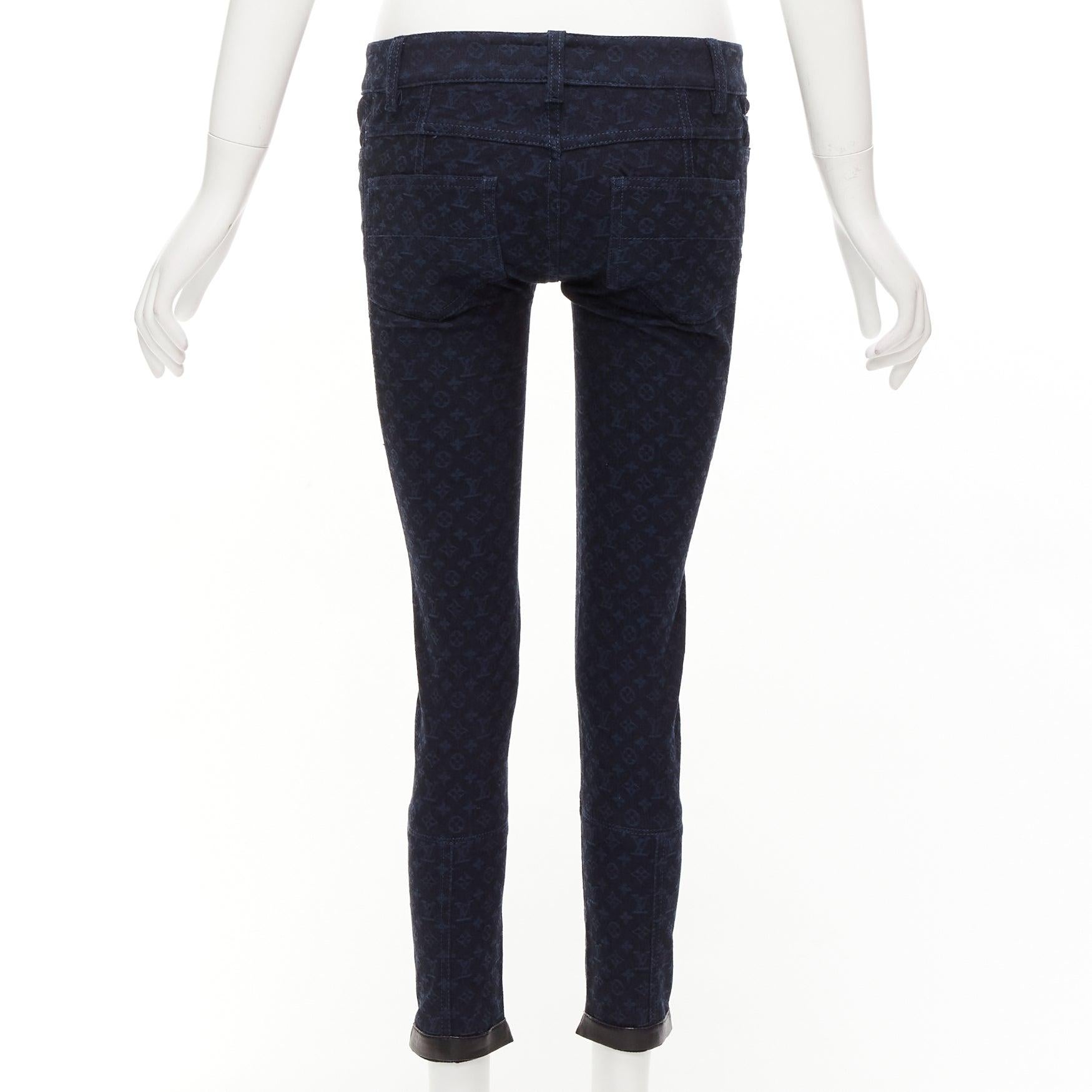 Women's LOUIS VUITTON dark blue LV monogram black leather trim skinny jeans FR34 XS For Sale