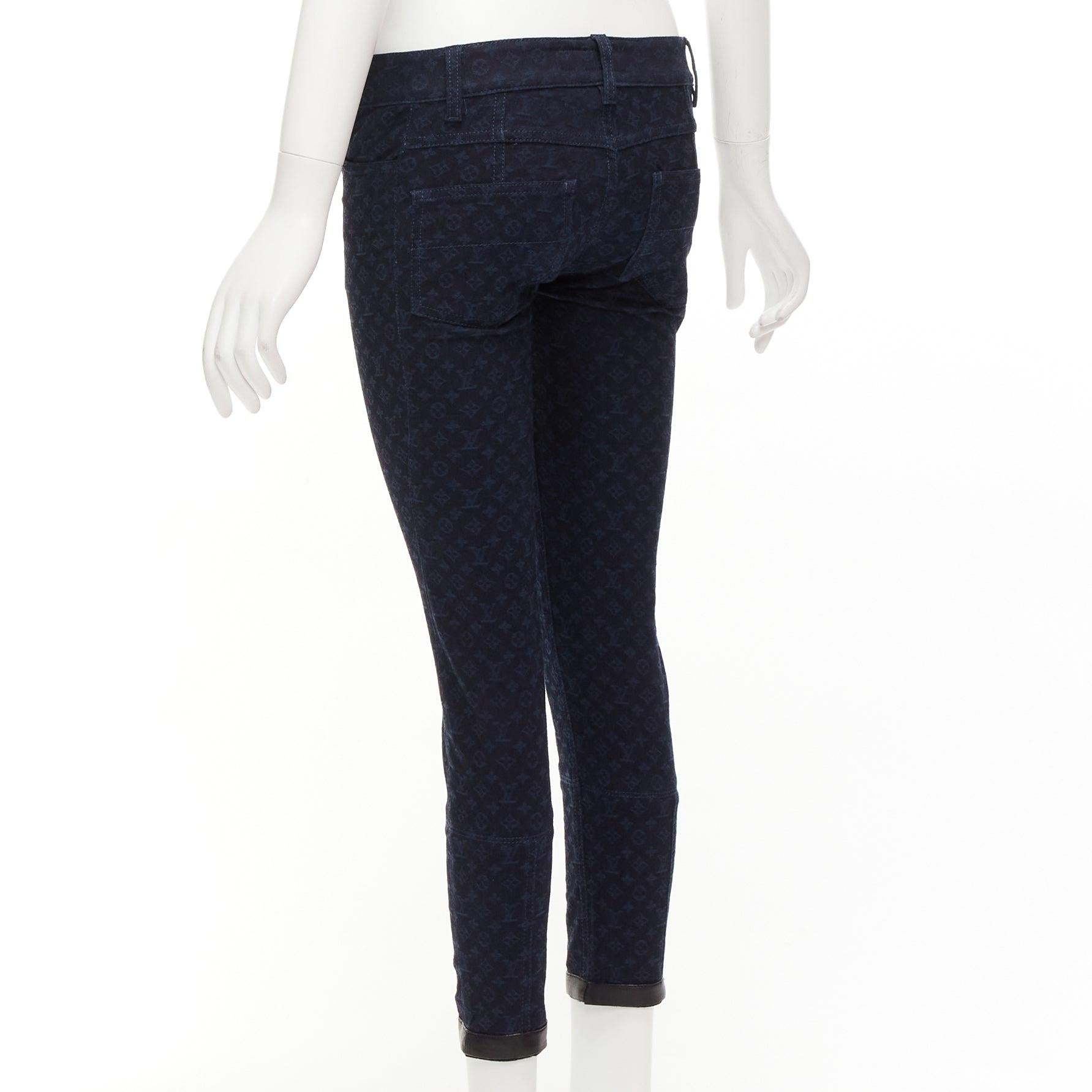 LOUIS VUITTON dark blue LV monogram black leather trim skinny jeans FR34 XS For Sale 1