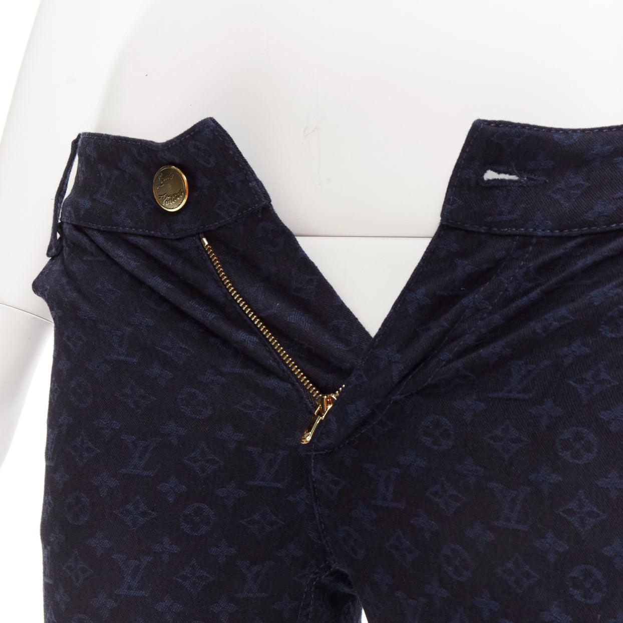 LOUIS VUITTON dark blue LV monogram black leather trim skinny jeans FR34 XS For Sale 2