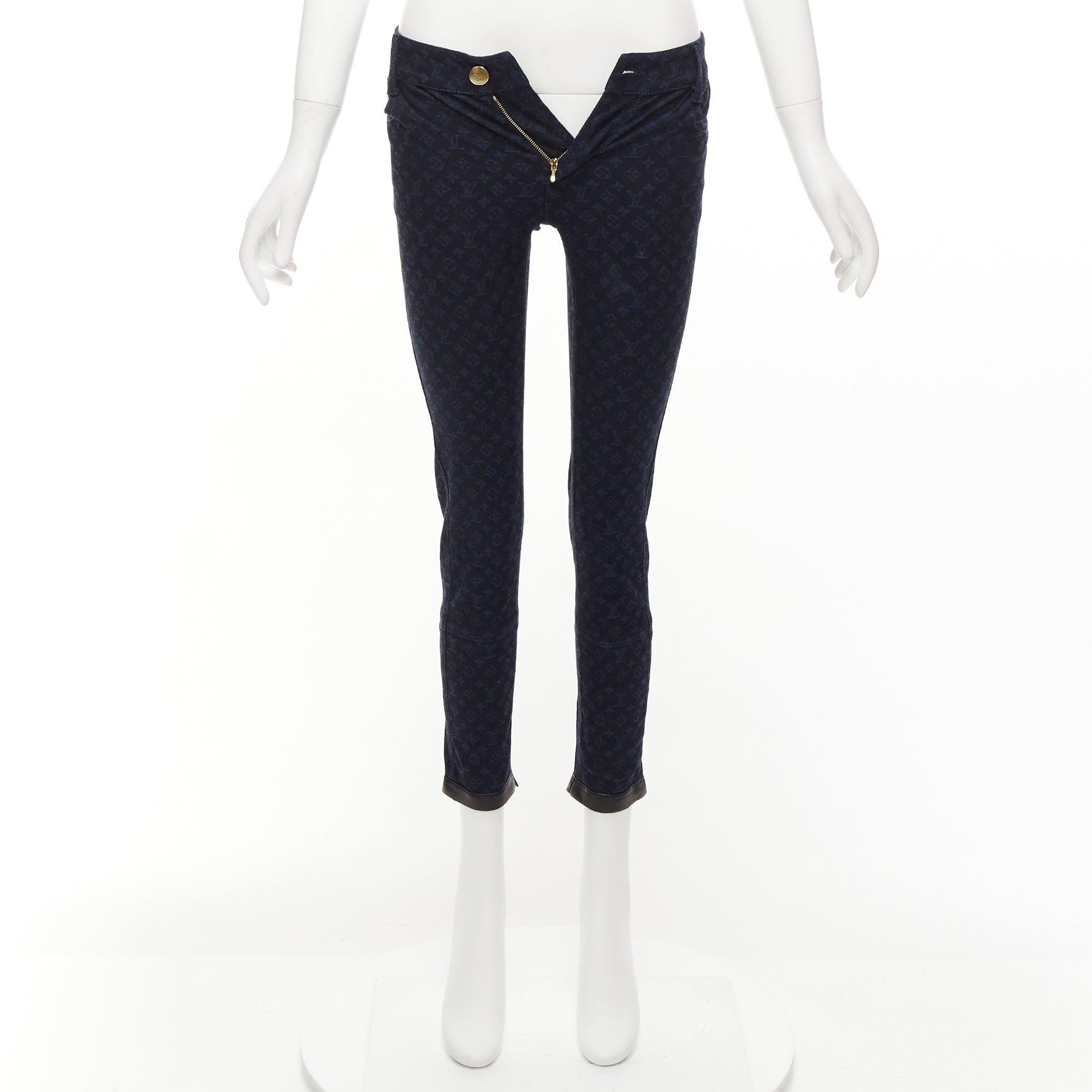 LOUIS VUITTON dark blue LV monogram black leather trim skinny jeans FR34 XS For Sale 4