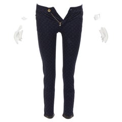 LOUIS VUITTON dark blue LV monogram black leather trim skinny jeans FR34 XS