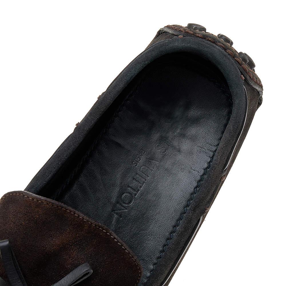 Louis Vuitton Dark Brown/Black Suede And Leather Logo Bow Slip On Loafers Size 4 For Sale 1