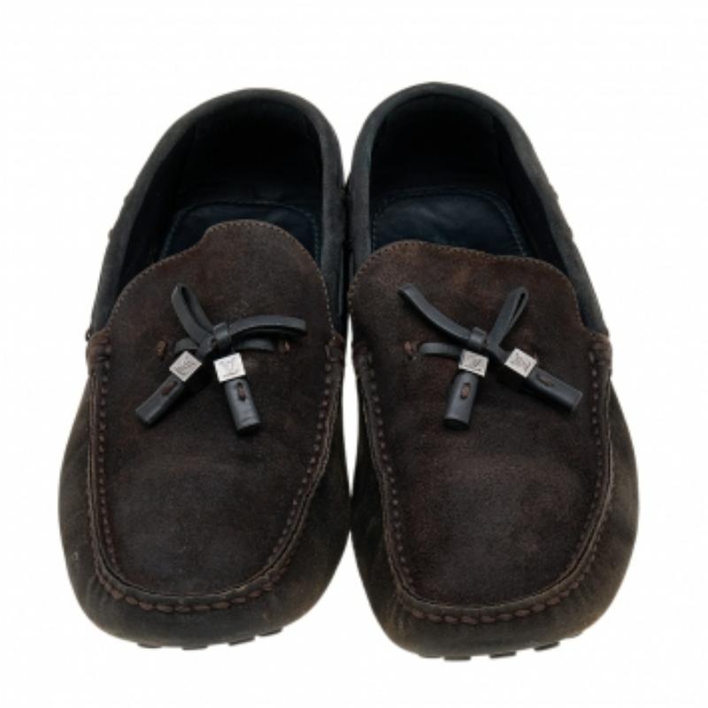 Men's Louis Vuitton Dark Brown/Black Suede & Leather Logo Bow Slip On Loafers Size 43 For Sale