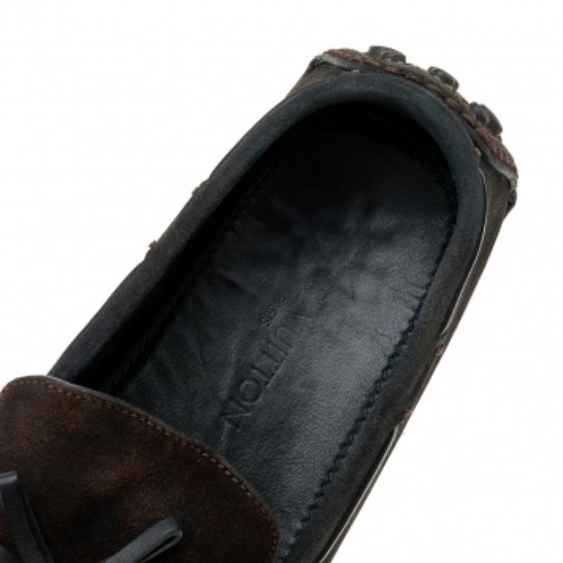 Louis Vuitton Dark Brown/Black Suede & Leather Logo Bow Slip On Loafers Size 43 For Sale 1