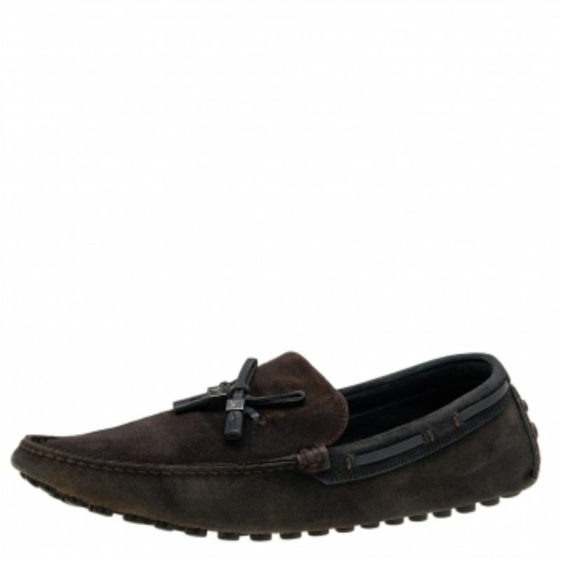 Louis Vuitton Dark Brown/Black Suede & Leather Logo Bow Slip On Loafers Size 43 For Sale 2