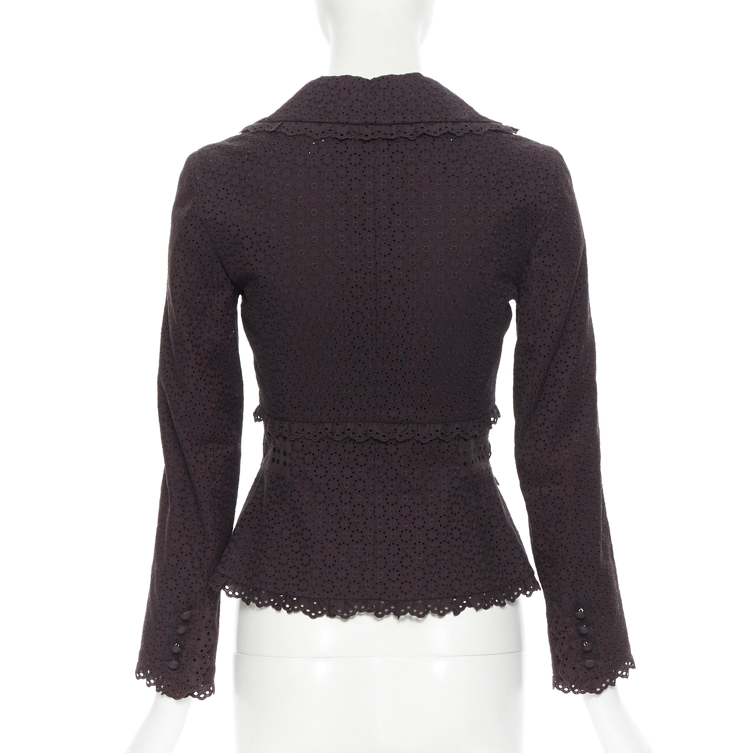 LOUIS VUITTON blazer aderente marrone scuro con ricamo floreale e occhielli FR36 1