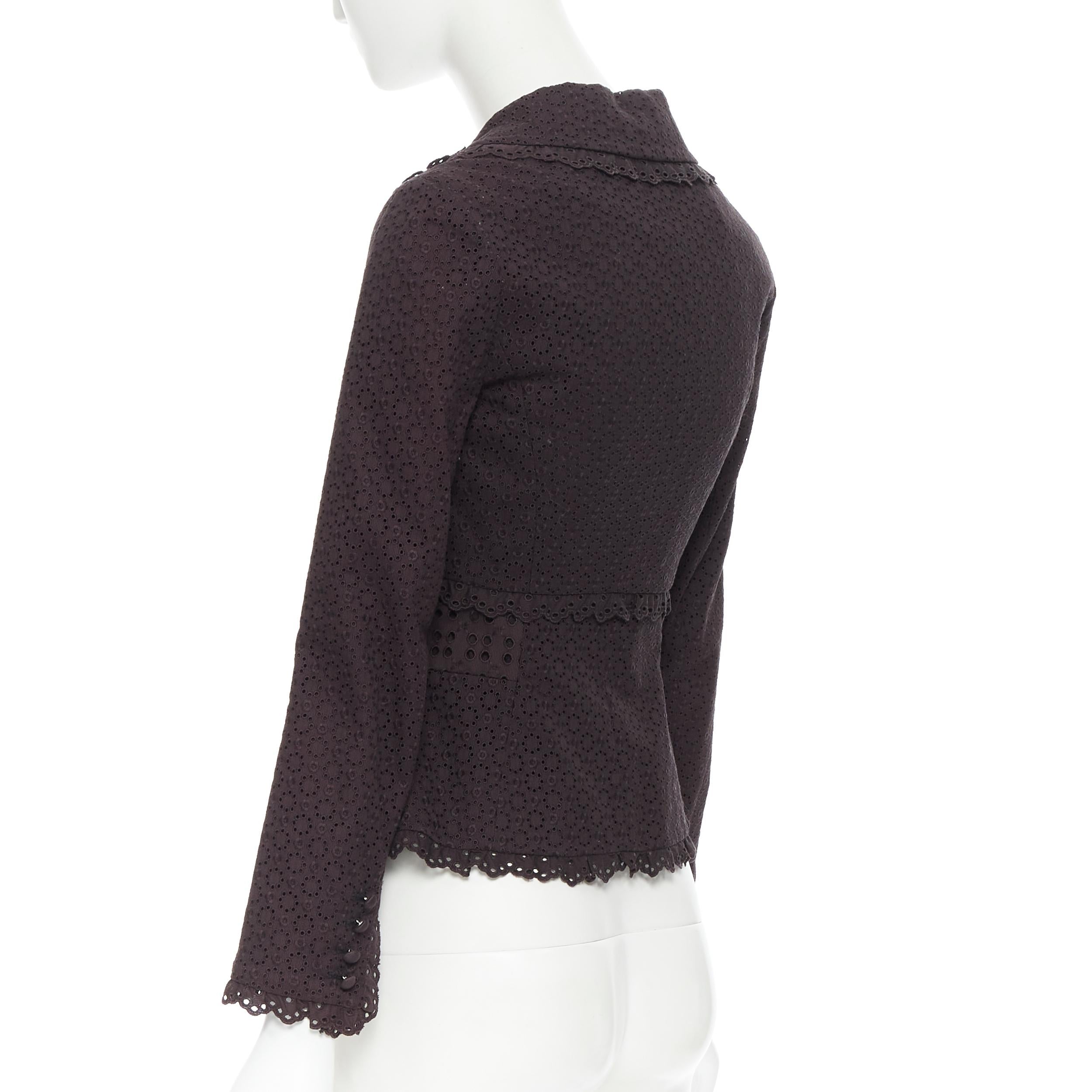 LOUIS VUITTON blazer aderente marrone scuro con ricamo floreale e occhielli FR36 2