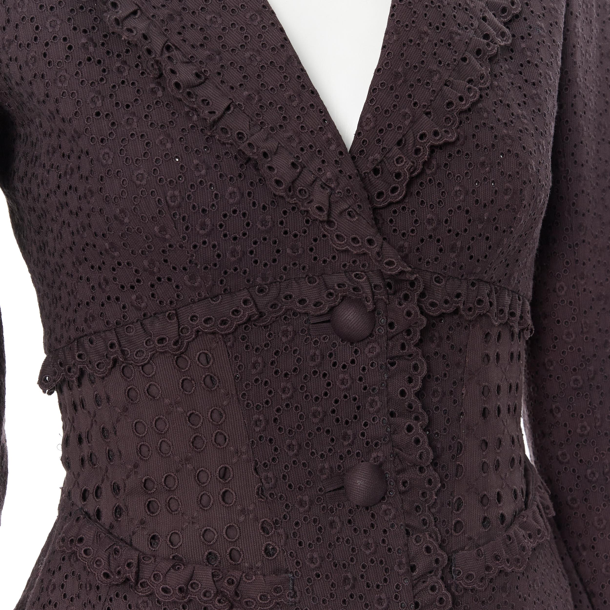 LOUIS VUITTON blazer aderente marrone scuro con ricamo floreale e occhielli FR36 3