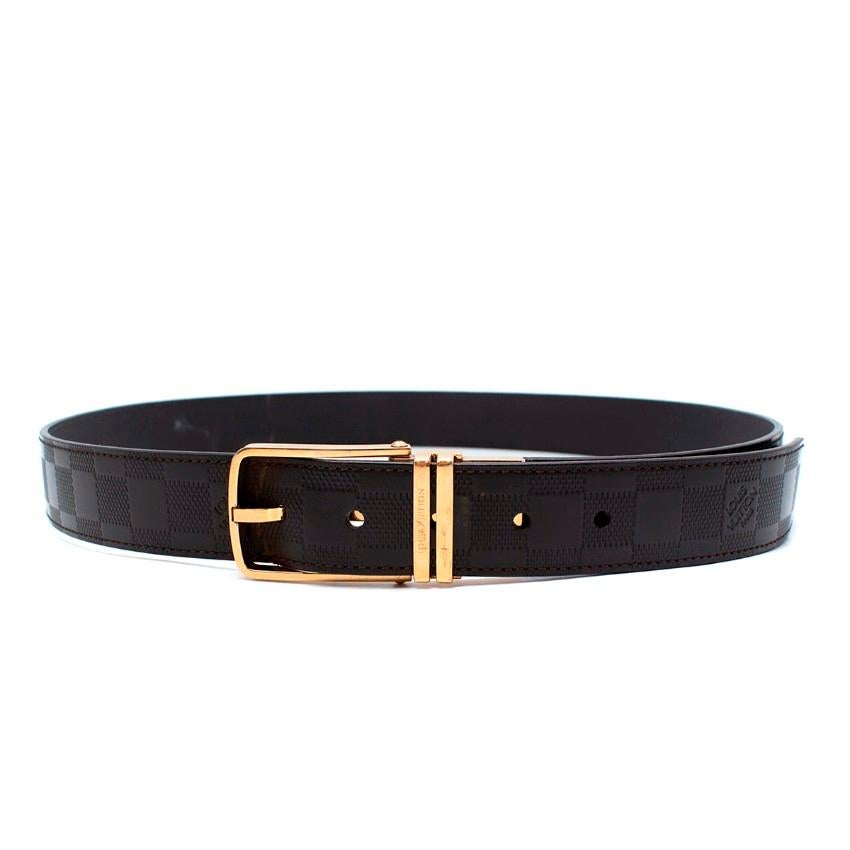 Louis Vuitton Dark Brown Leather Damier Leather Belt 110 
 

 - Dark brown leather with textured Damier check pattern finished with debossed Louis Vuitton logo 
 - Gold-tone metal buckle
 

 Materials:
 Leather
 

 Made in Spain
 

 PLEASE NOTE,