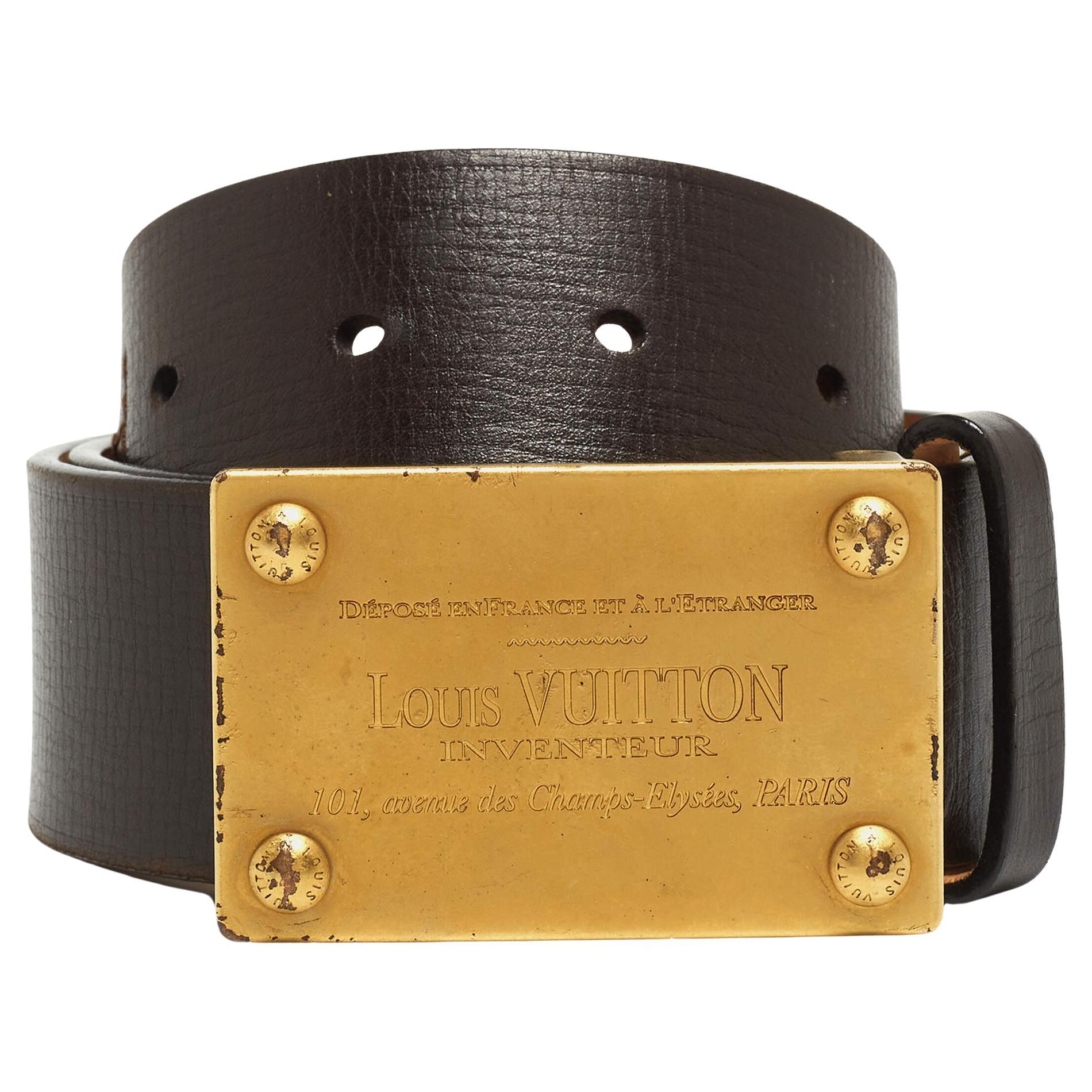 Louis Vuitton Dark Brown Leather Inventeur Belt 90CM For Sale