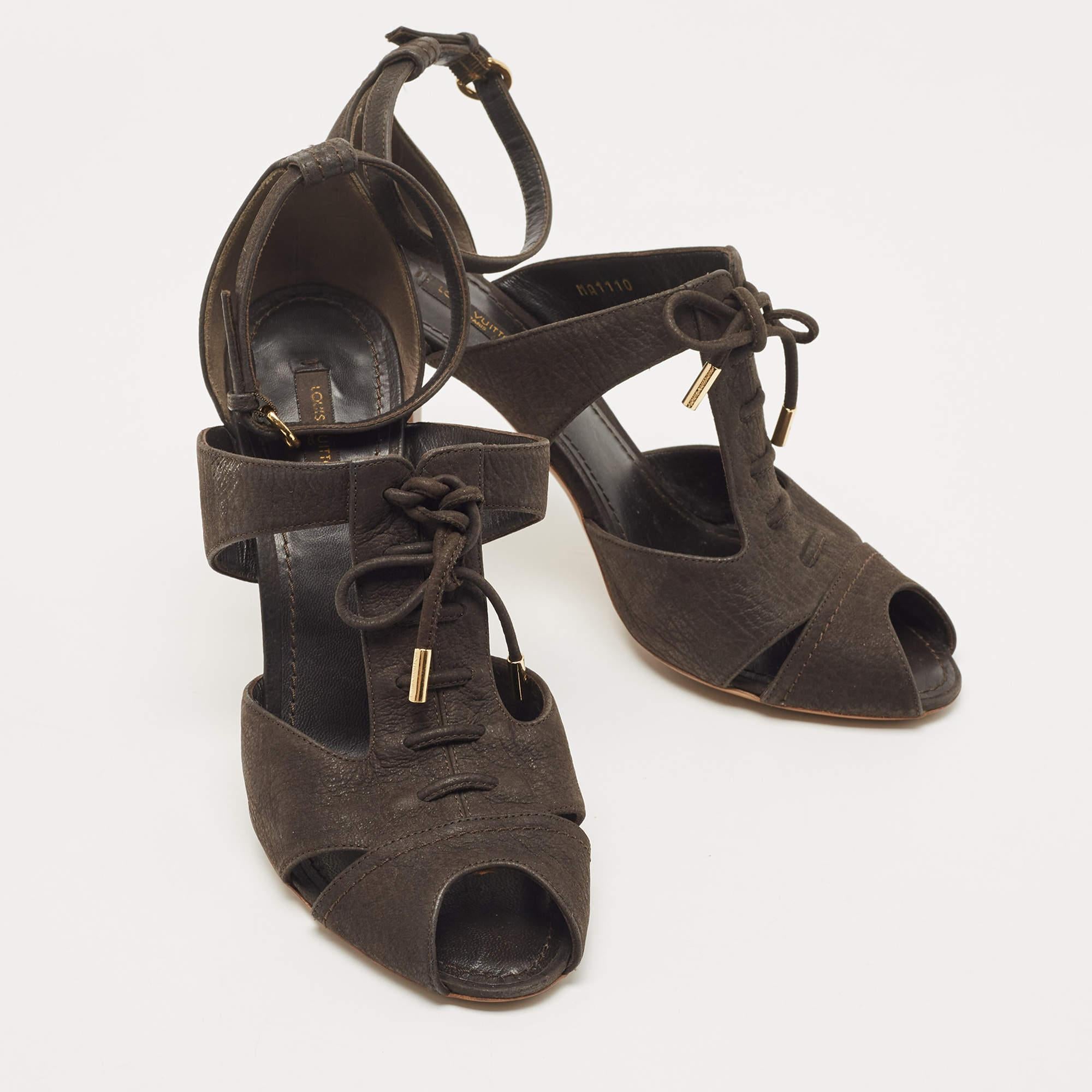Black Louis Vuitton Dark Brown Pebbled Leather Corfu Caged Ankle Strap Sandals Size 40 For Sale