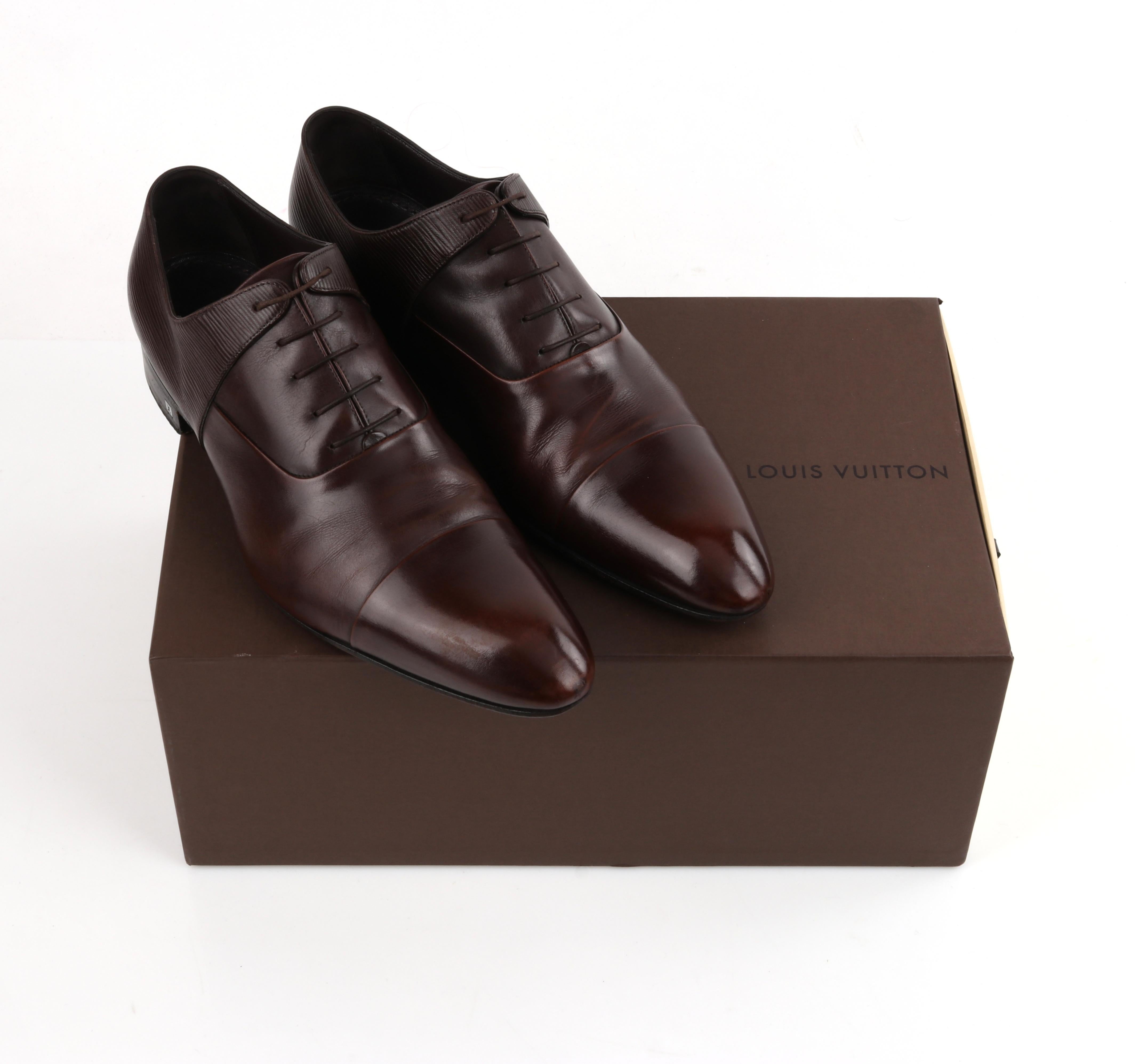 LOUIS VUITTON Dark Brown Polished Epi Leather Classic Cap Toe Dress Shoes In Good Condition In Thiensville, WI