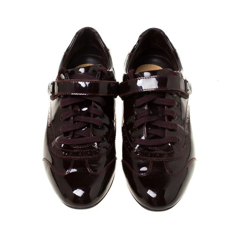 Louis Vuitton Dark Burgundy Patent Leather Brogue Velcro Strap Sneakers Size 36 For Sale at 1stdibs