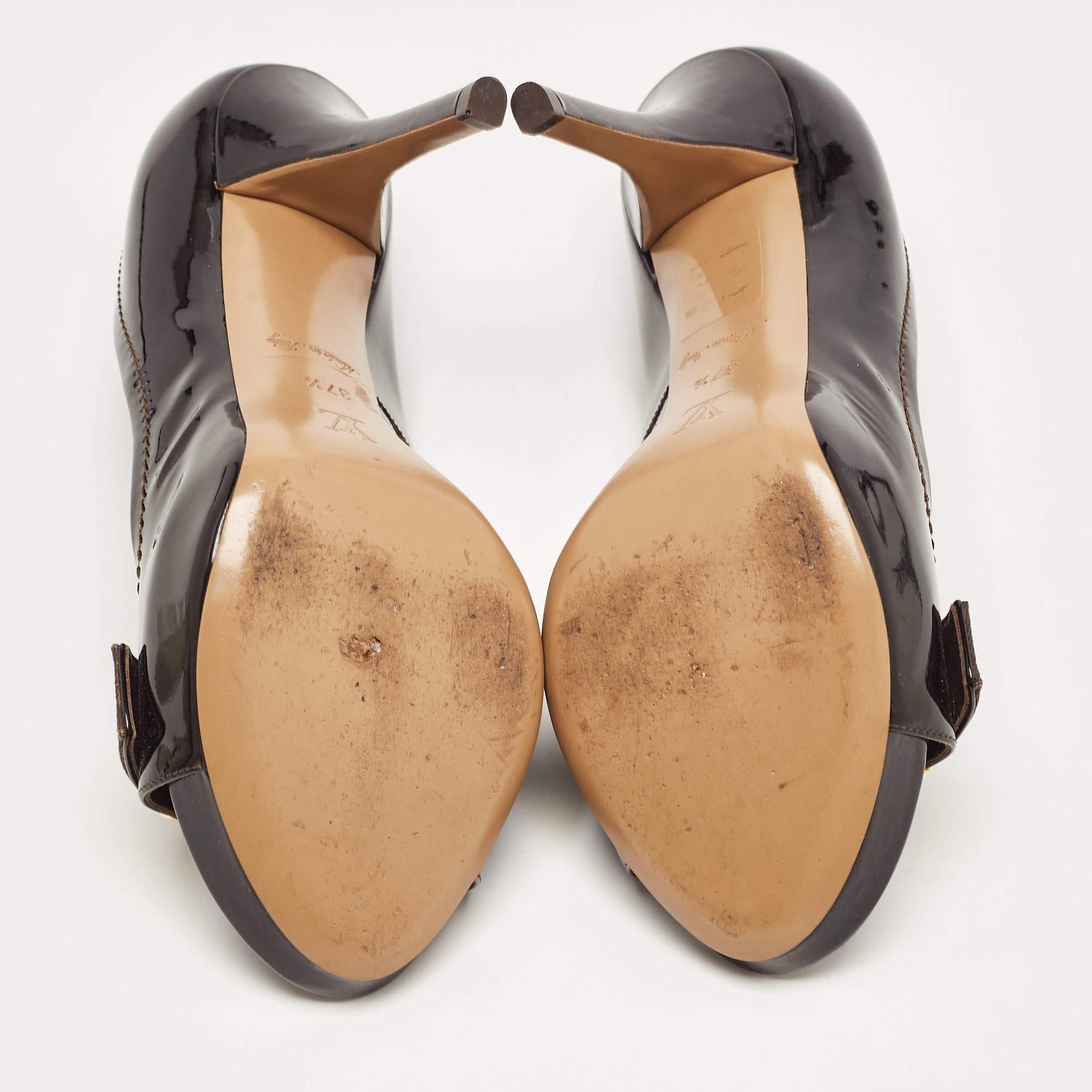 Louis Vuitton Dark Burgundy Patent Leather Open Toe Pumps Size 37.5 For Sale 2