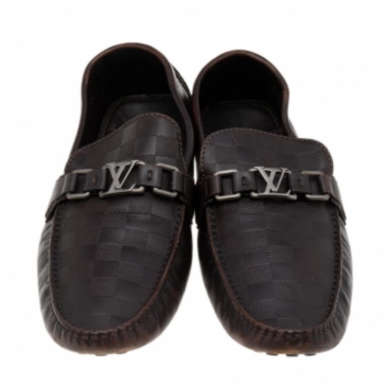 Louis Vuitton Dark Damier Embossed Leather Hockenheim Slip On Loafers Size 43.5 In Fair Condition In Dubai, Al Qouz 2