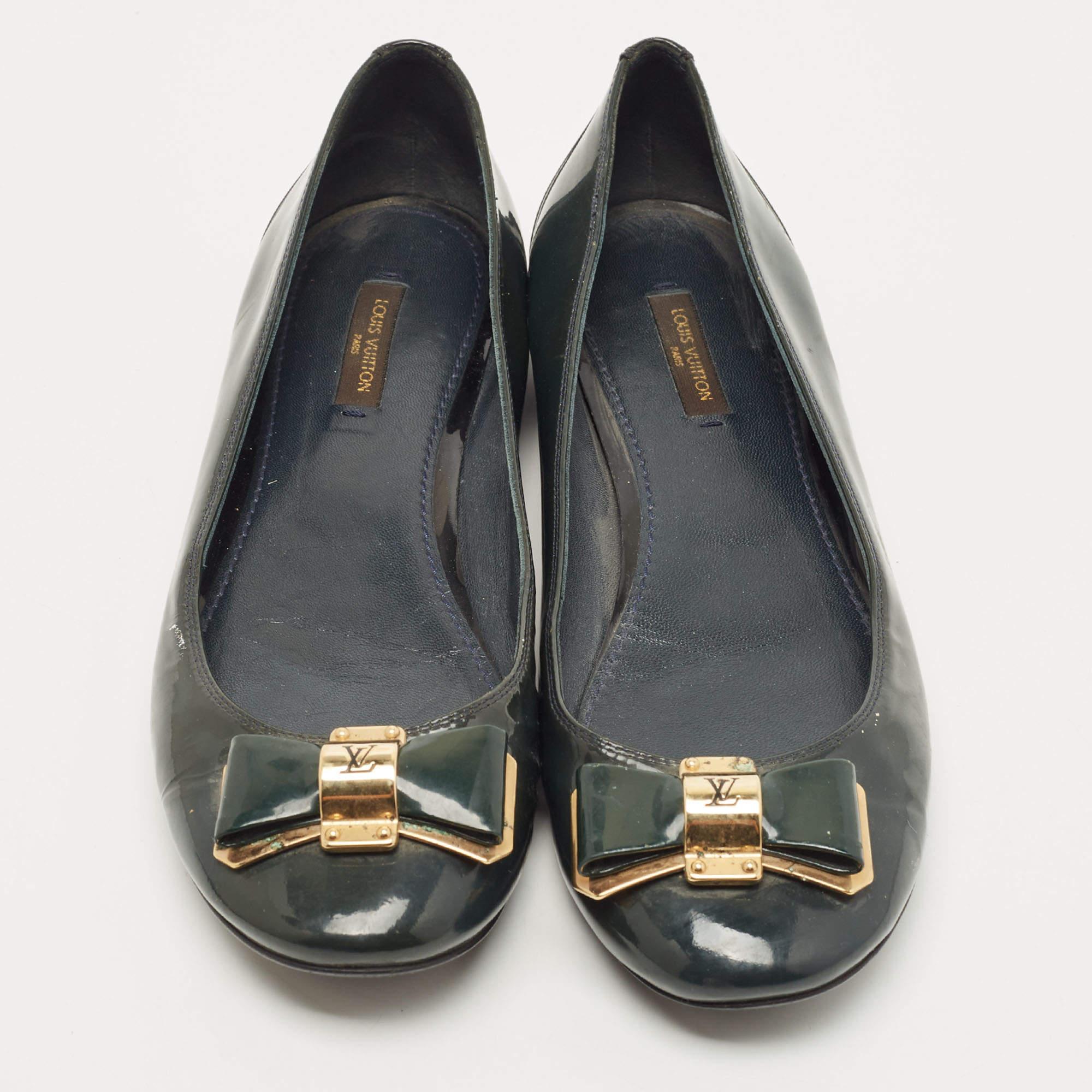 Black Louis Vuitton Dark Green Patent Leather Ballet Flats Size 38.5