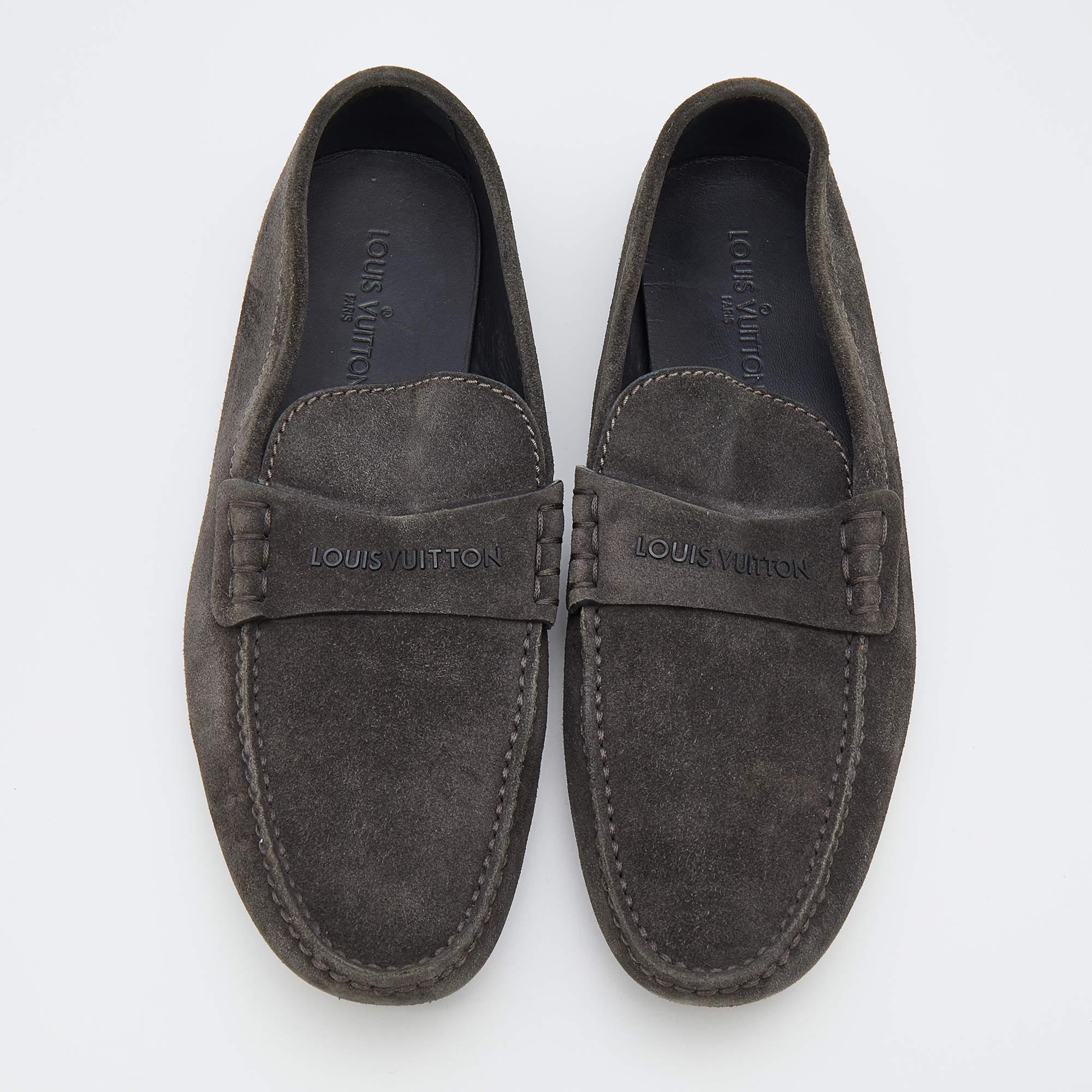 Black Louis Vuitton Dark Grey Suede Slip On Loafers Size 43