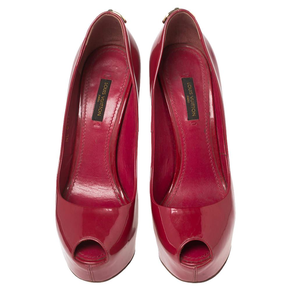 Brown Louis Vuitton Dark Pink Patent Leather Oh Really! Peep-Toe Pumps Size 37