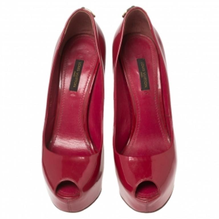 Women's Louis Vuitton Dark Pink Patent Leather Oh Really! Peep-Toe Pumps Size 37