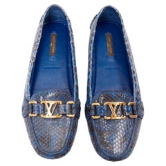 LOUIS VUITTON Dauphine blue polished snake leather gold LV logo loafers EU37