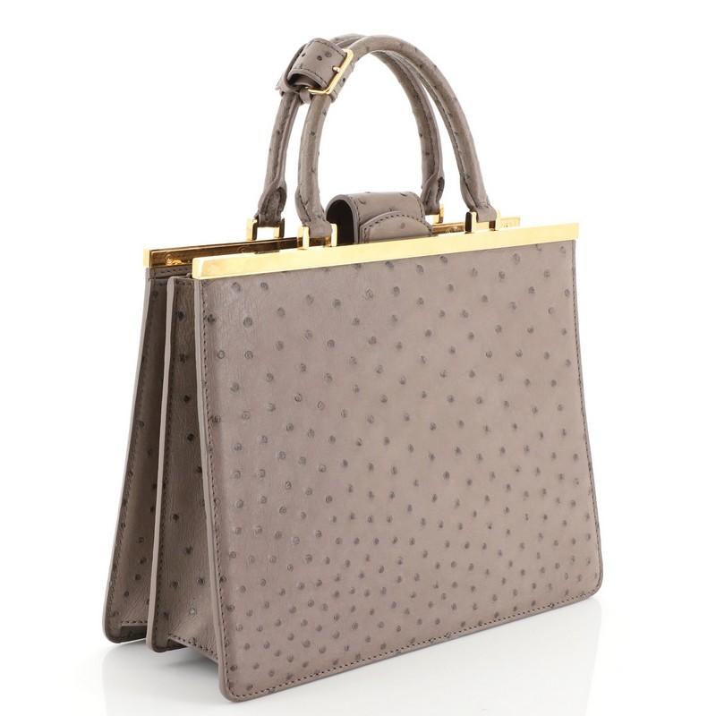 This Louis Vuitton Deesse Handbag Ostrich MM, crafted in genuine gray ostrich, features dual rolled handles, framed top and gold-tone hardware. It opens to a neutral leather interior. Authenticity code reads: MI3172. This item can only be shipped