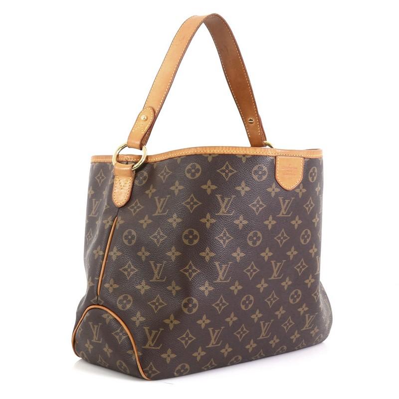 This Louis Vuitton Delightful Handbag Monogram Canvas PM, crafted in brown monogram coated canvas, features a flat leather loop handle, cowhide leather trim, and gold-tone hardware. Its hook closure opens to a neutral fabric interior with side zip