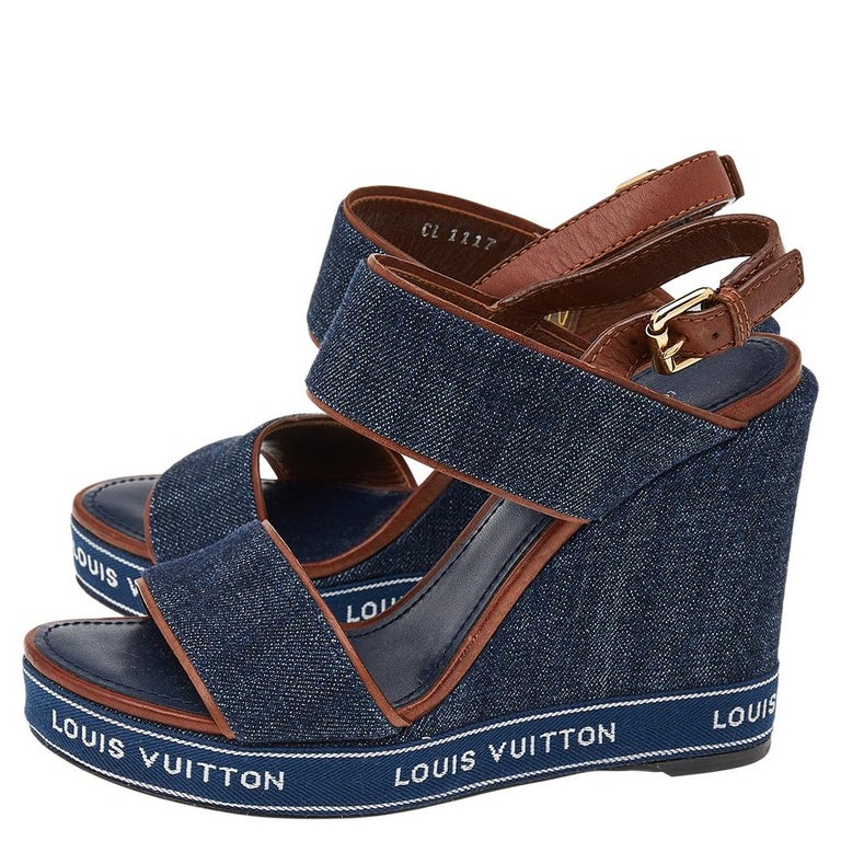 Louis Vuitton Denim And Leather Platform Wedge Slingback Sandals