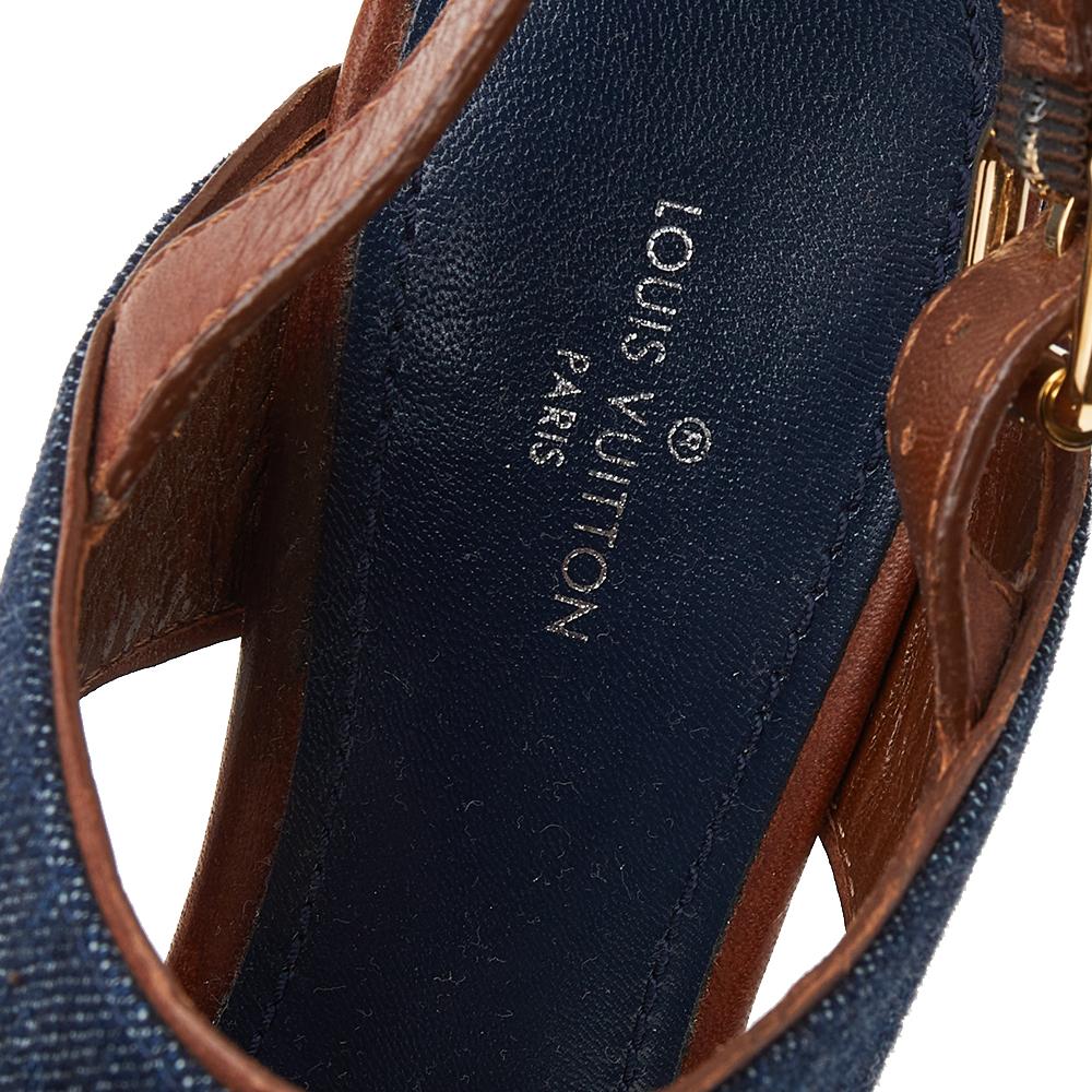 Black Louis Vuitton Denim And Leather Platform Wedge Slingback Sandals Size 37