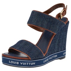 Louis Vuitton Denim And Leather Platform Wedge Slingback Sandals Size 37