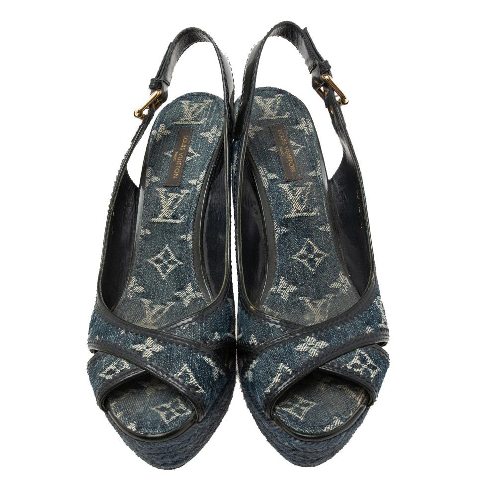 Black Louis Vuitton Denim and Leather Slingback Espadrille Wedge Sandals Size 39
