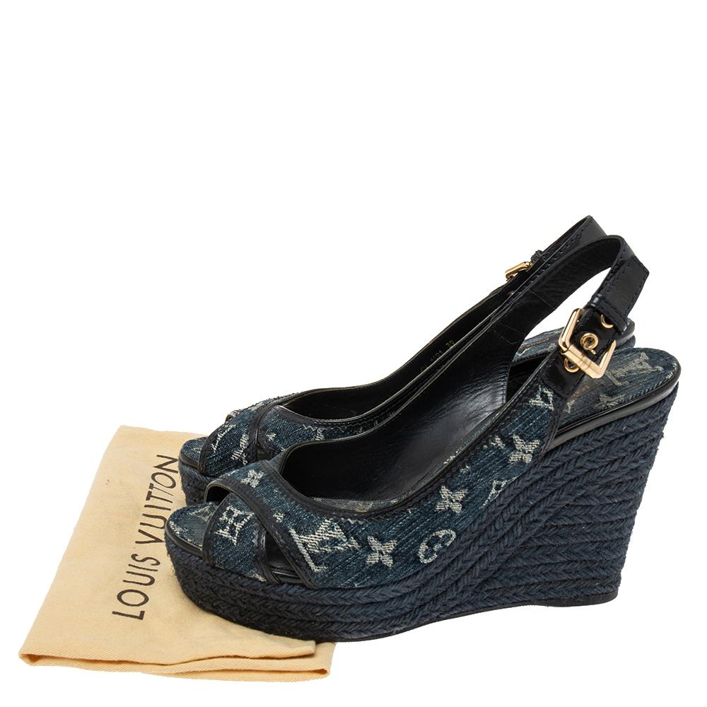 Louis Vuitton Denim and Leather Slingback Espadrille Wedge Sandals Size 39 3