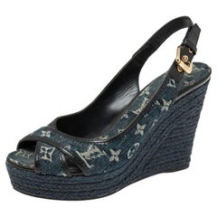 Louis Vuitton Denim and Leather Slingback Espadrille Wedge Sandals Size 39