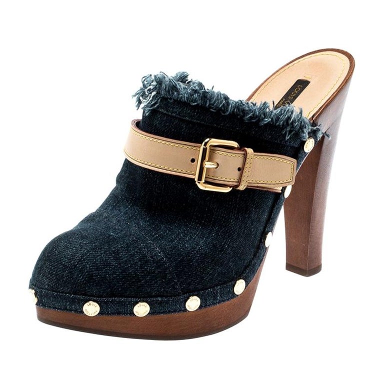 Louis Vuitton Denim And Leather Trim Buckle Platform Mules Size 39 For Sale at 1stdibs
