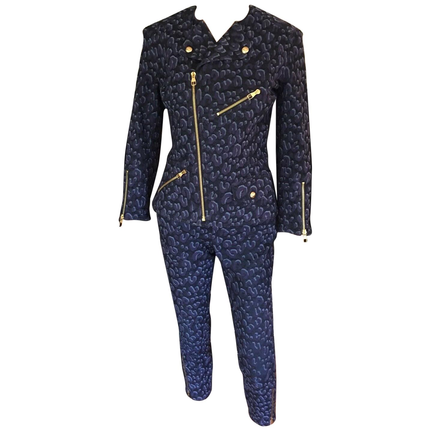 Louis Vuitton Denim Leopard Pattern Pants Jeans & Jacket 2 Piece Set Pantsuit For Sale
