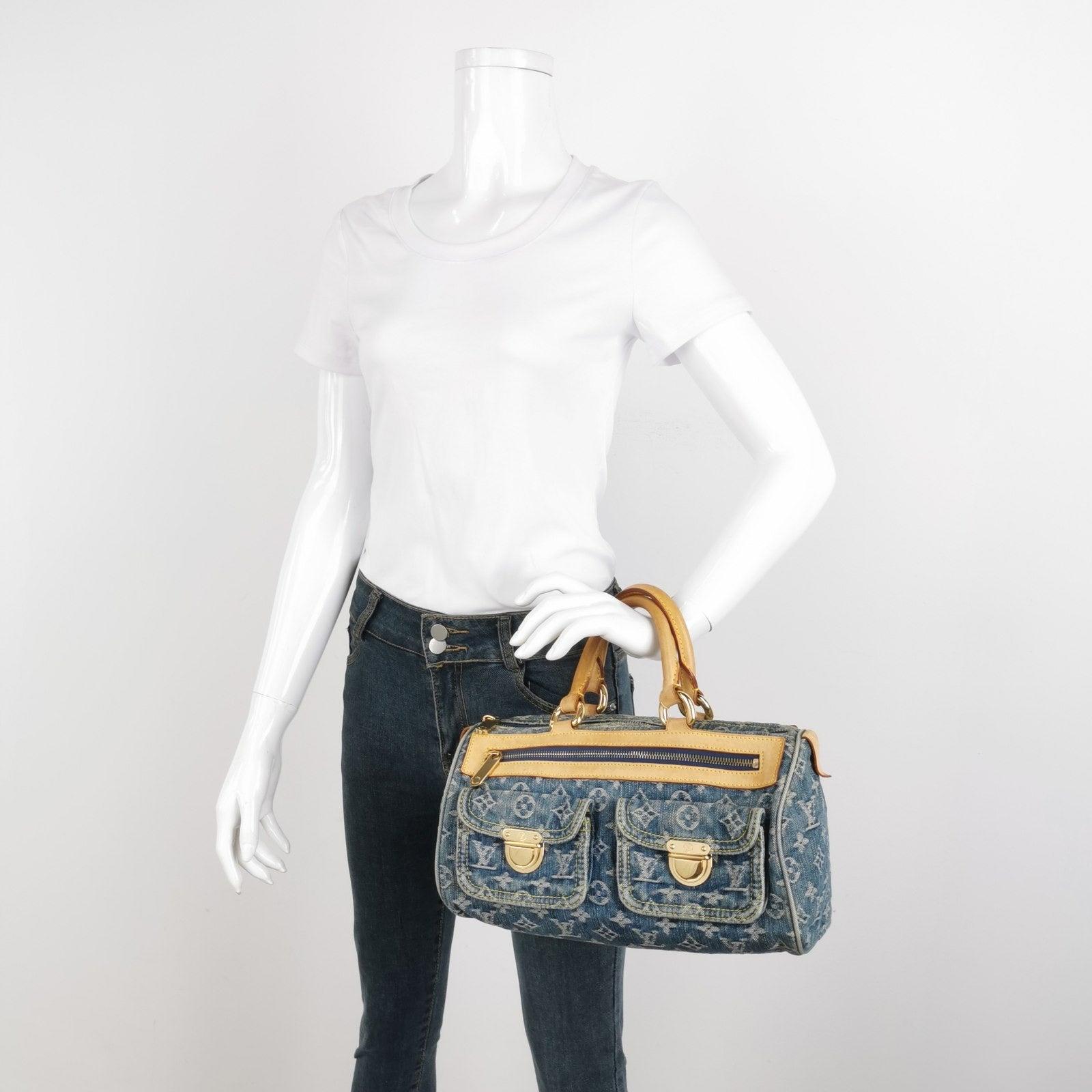 Louis Vuitton Denim Neo Speedy Boston Bag These are professional photos of the actual bag offered by Luxbags. 
 
 CONDITION: GOOD Good vintage condition. The Handles are slightly dark due to use. Some water markets on the leather. Minor scrapes