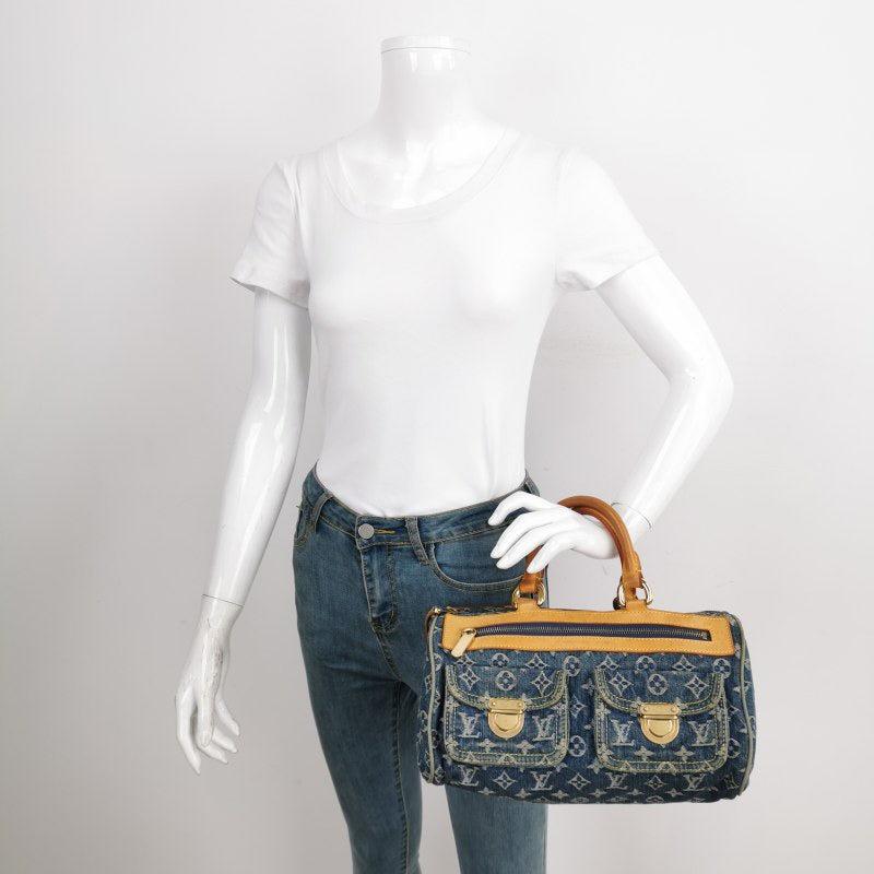 Louis Vuitton Denim Neo Speedy Boston Bag
 These are professional photos of the actual bag.
 CONDITION: GOOD
 
 Good vintage condition. The Handles are slightly dark due to use. Some water markets on the leather. Minor scrapes around the piping.