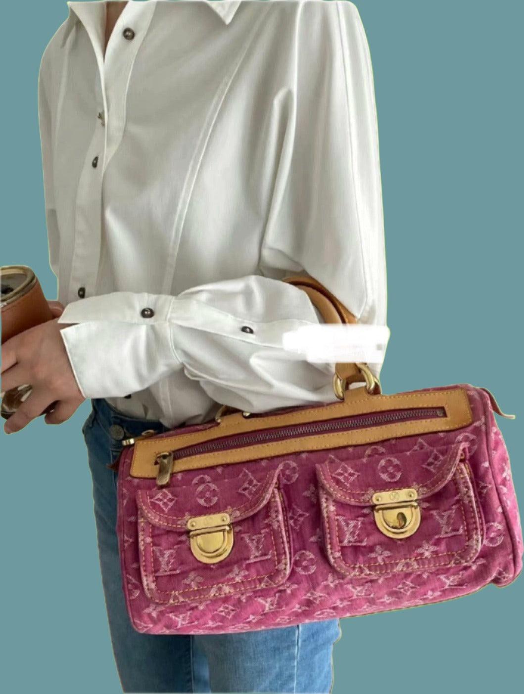 Louis Vuitton Denim Neo Speedy Boston Bag Pink These are professional photos of the actual bag offered by Luxbags. CONDITION: GOOD Good vintage condition. The Handles are slightly dark due to use. Some water markets on the leather. Minor scrapes