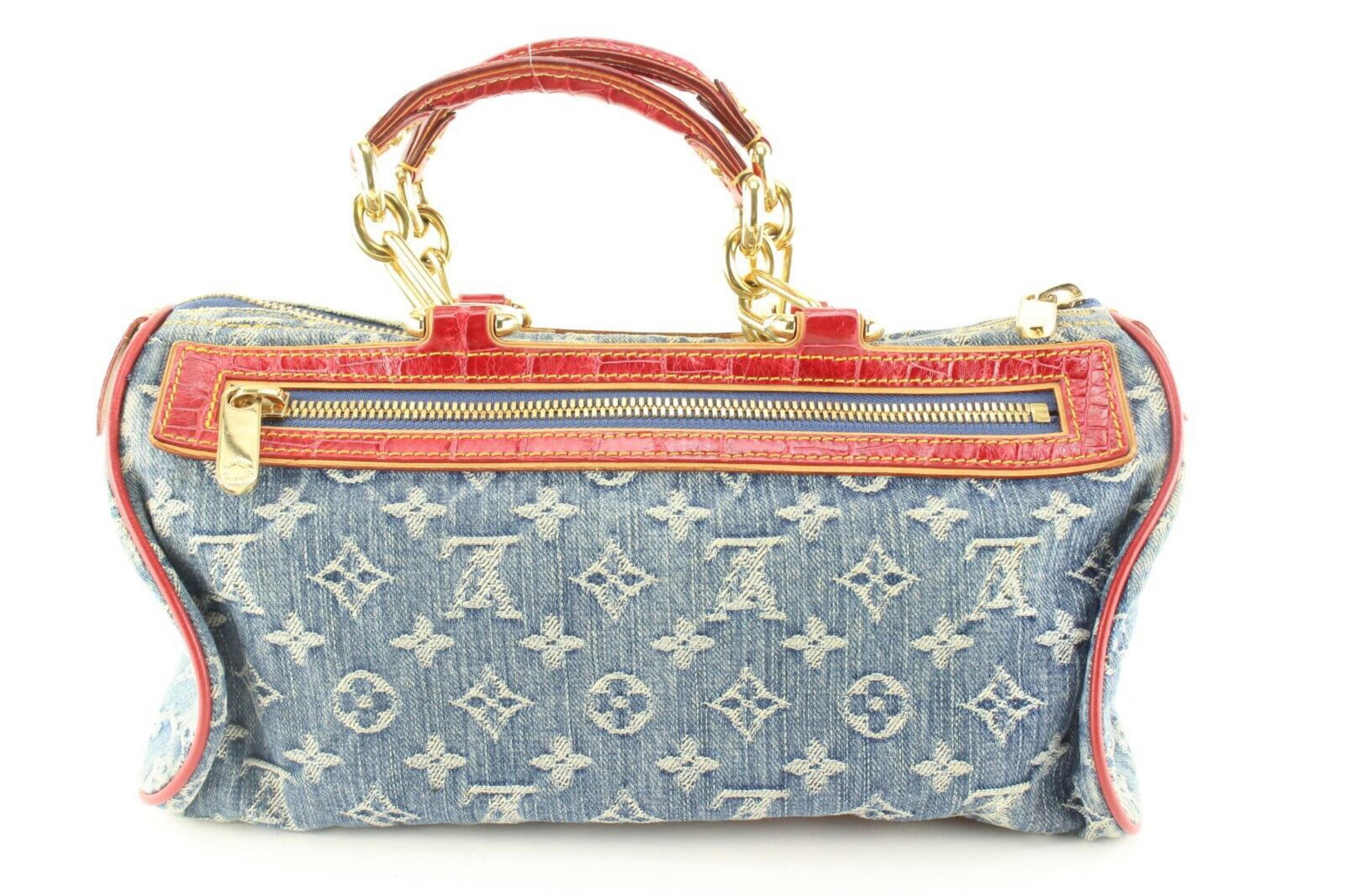 Louis Vuitton Denim Neo Speedy Red Alligator Chain 2LVS525K In Excellent Condition In Dix hills, NY